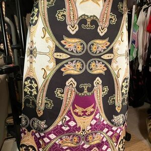 Vince Camuto Black Paisley Print Midi Skirt with Gold and Purple Accents